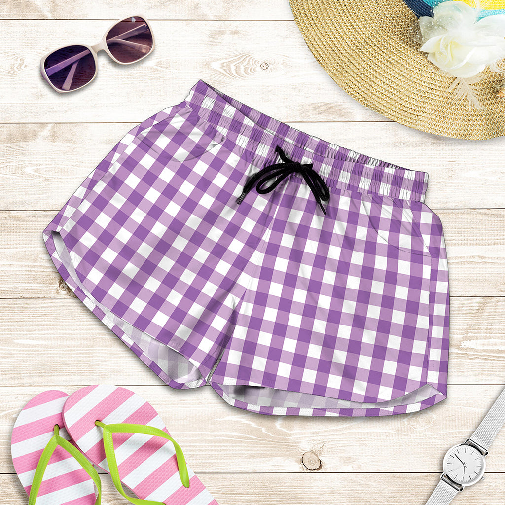 Purple And White Check Pattern Print Women's Shorts