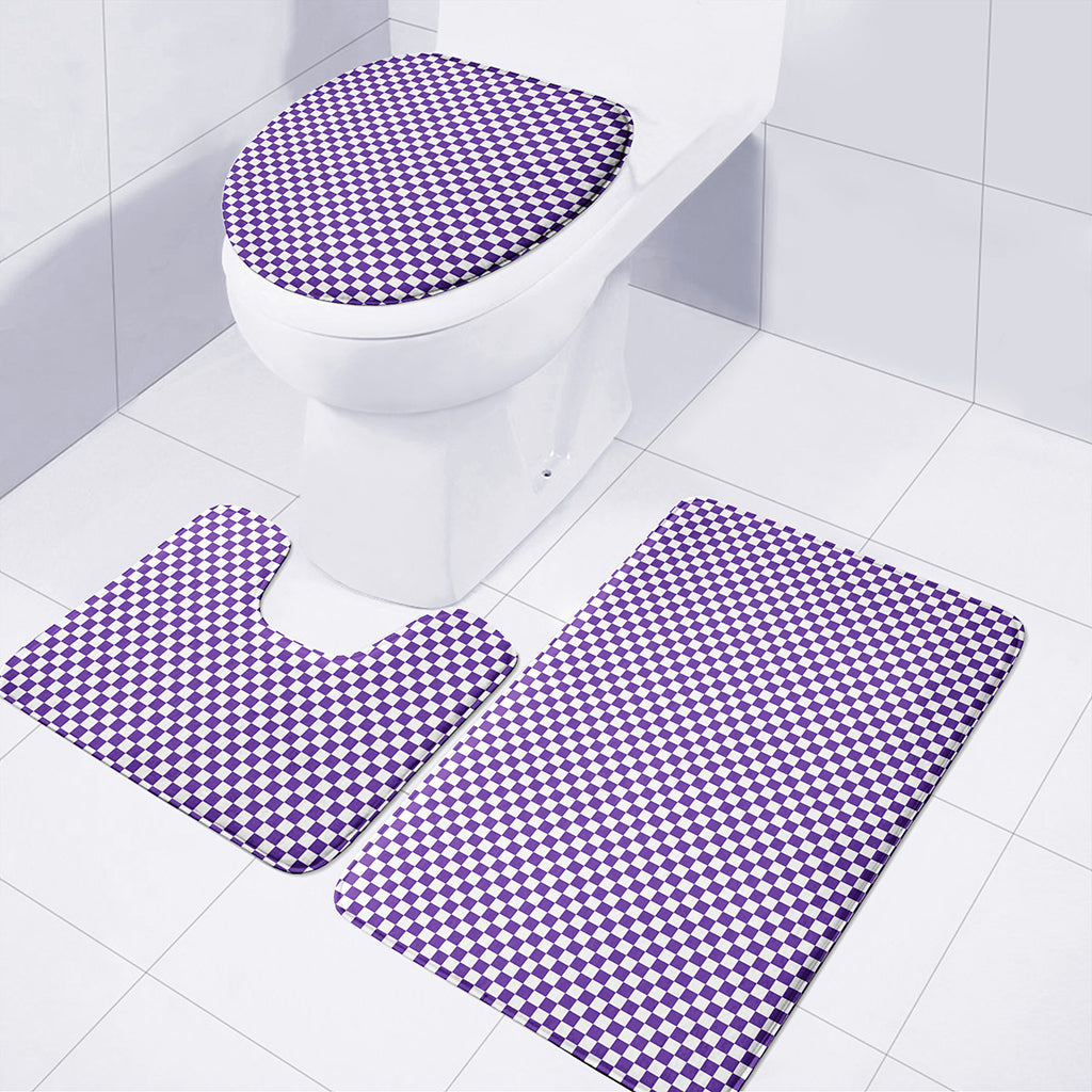 Purple And White Checkered Pattern Print 3 Piece Bath Mat Set