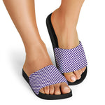 Purple And White Checkered Pattern Print Black Slide Sandals