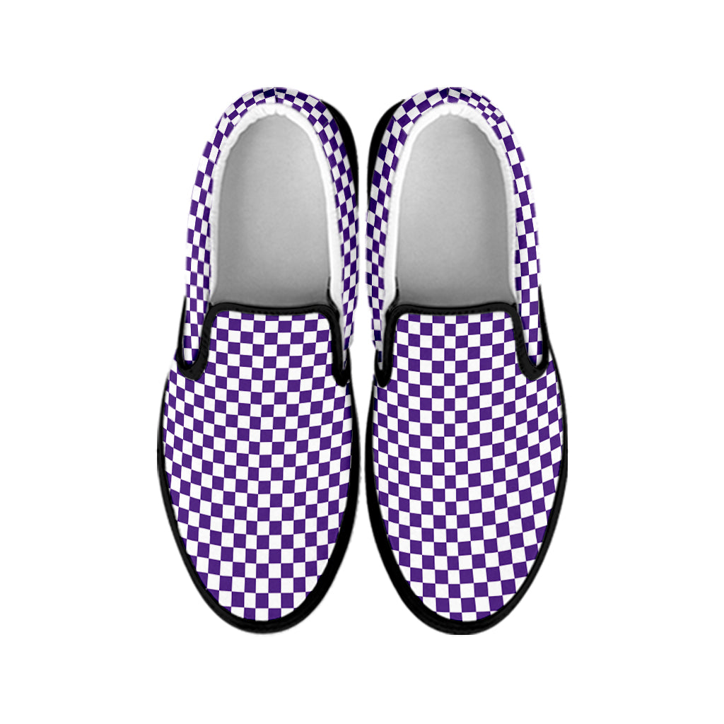 Purple And White Checkered Pattern Print Black Slip On Shoes