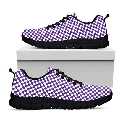Purple And White Checkered Pattern Print Black Sneakers