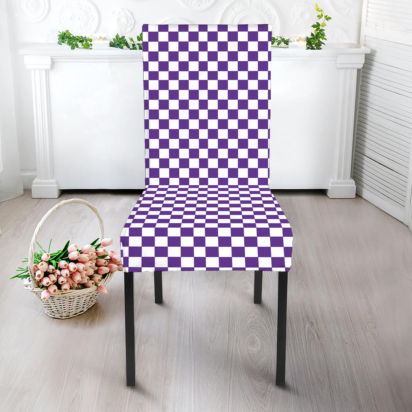 Purple And White Checkered Pattern Print Dining Chair Slipcover
