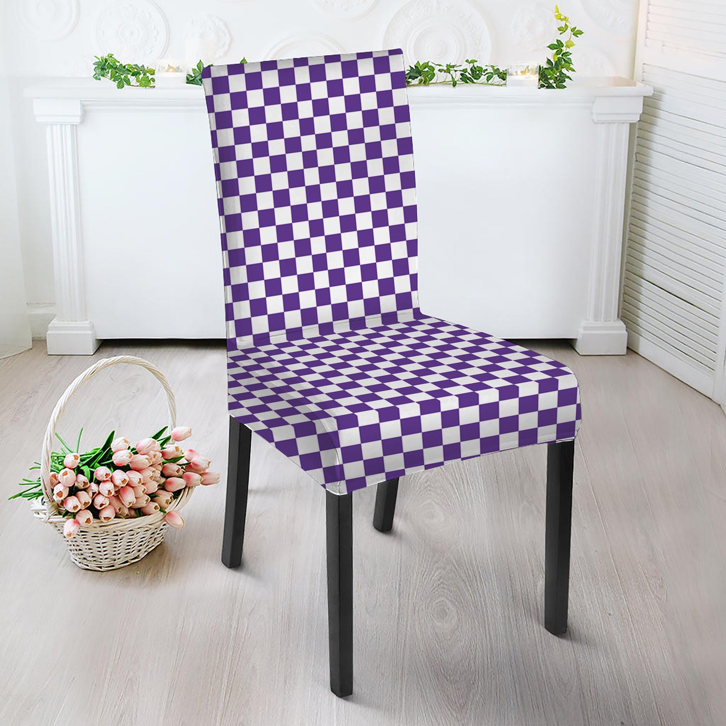 Purple And White Checkered Pattern Print Dining Chair Slipcover