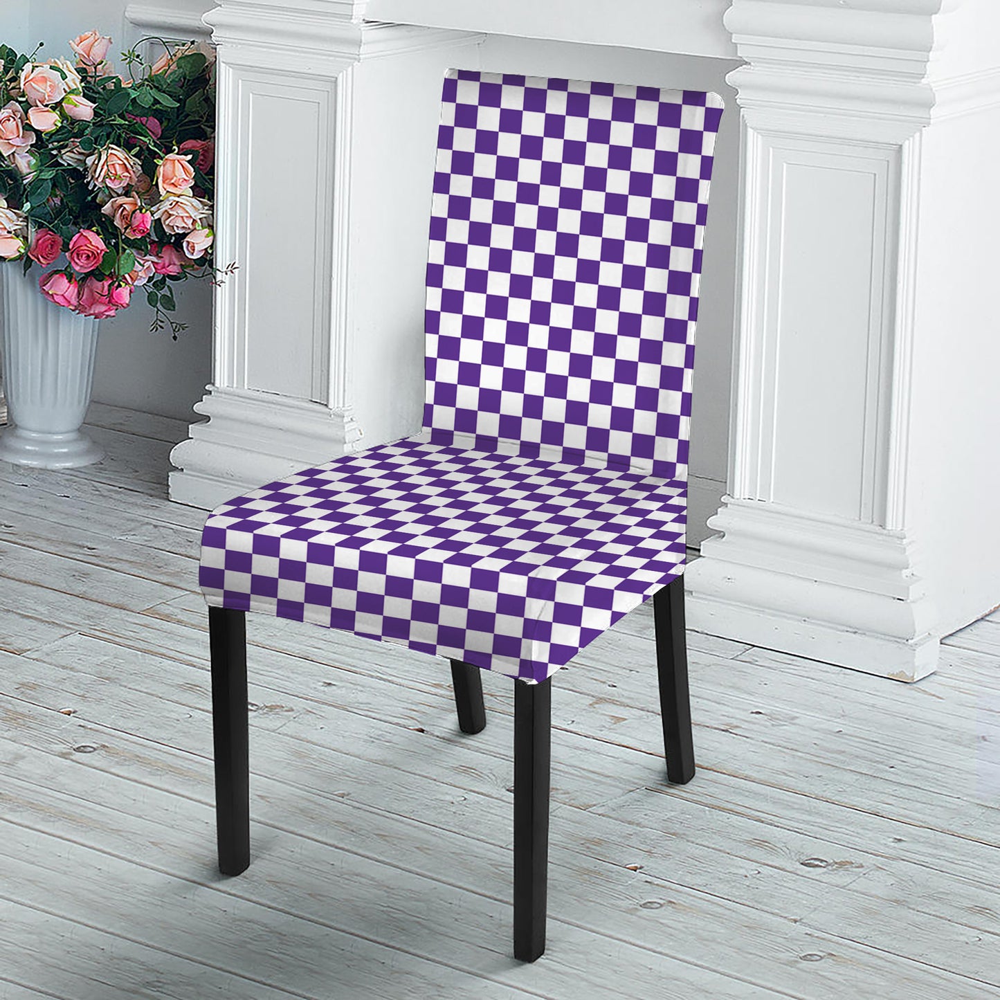 Purple And White Checkered Pattern Print Dining Chair Slipcover