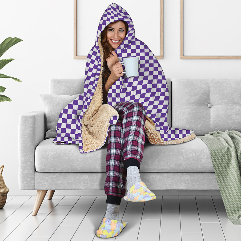 Purple And White Checkered Pattern Print Hooded Blanket