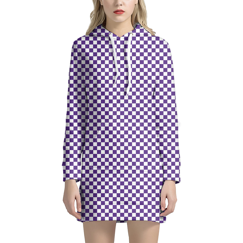 Purple And White Checkered Pattern Print Hoodie Dress
