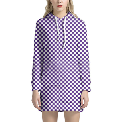 Purple And White Checkered Pattern Print Hoodie Dress