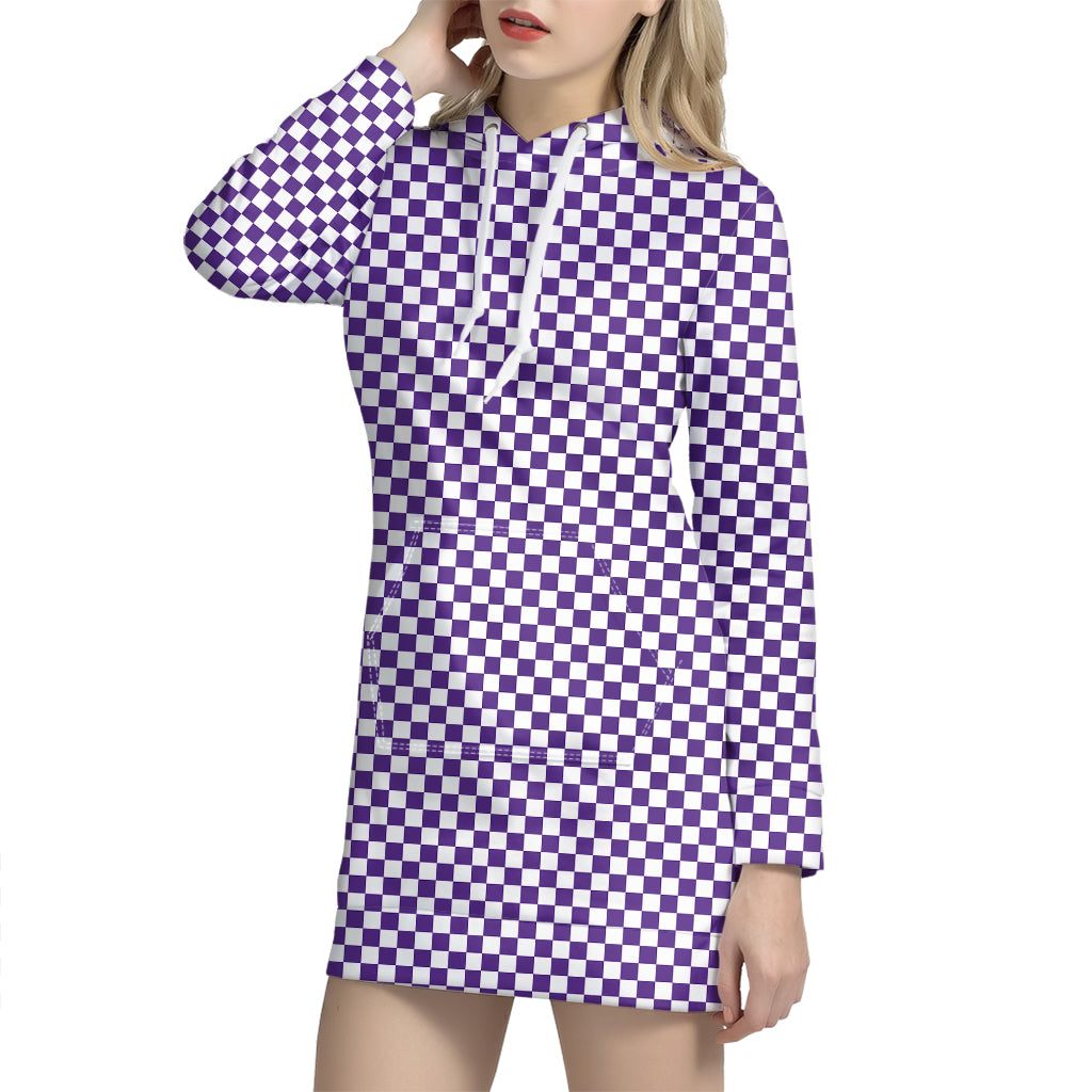 Purple And White Checkered Pattern Print Hoodie Dress