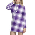 Purple And White Checkered Pattern Print Hoodie Dress