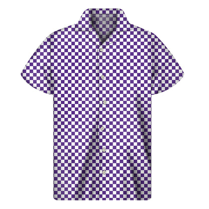 Purple And White Checkered Pattern Print Men's Short Sleeve Shirt