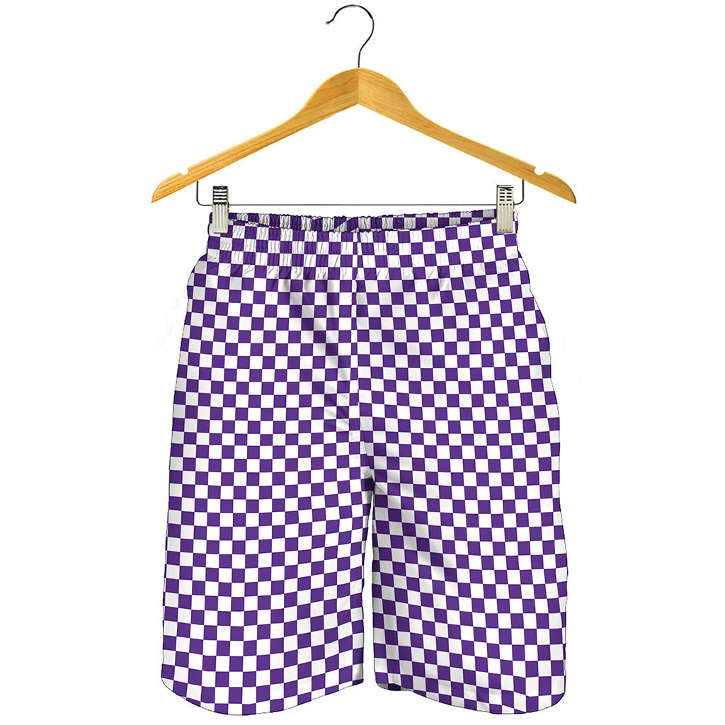 Purple And White Checkered Pattern Print Men's Shorts