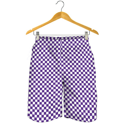 Purple And White Checkered Pattern Print Men's Shorts