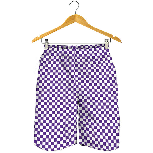 Purple And White Checkered Pattern Print Men's Shorts