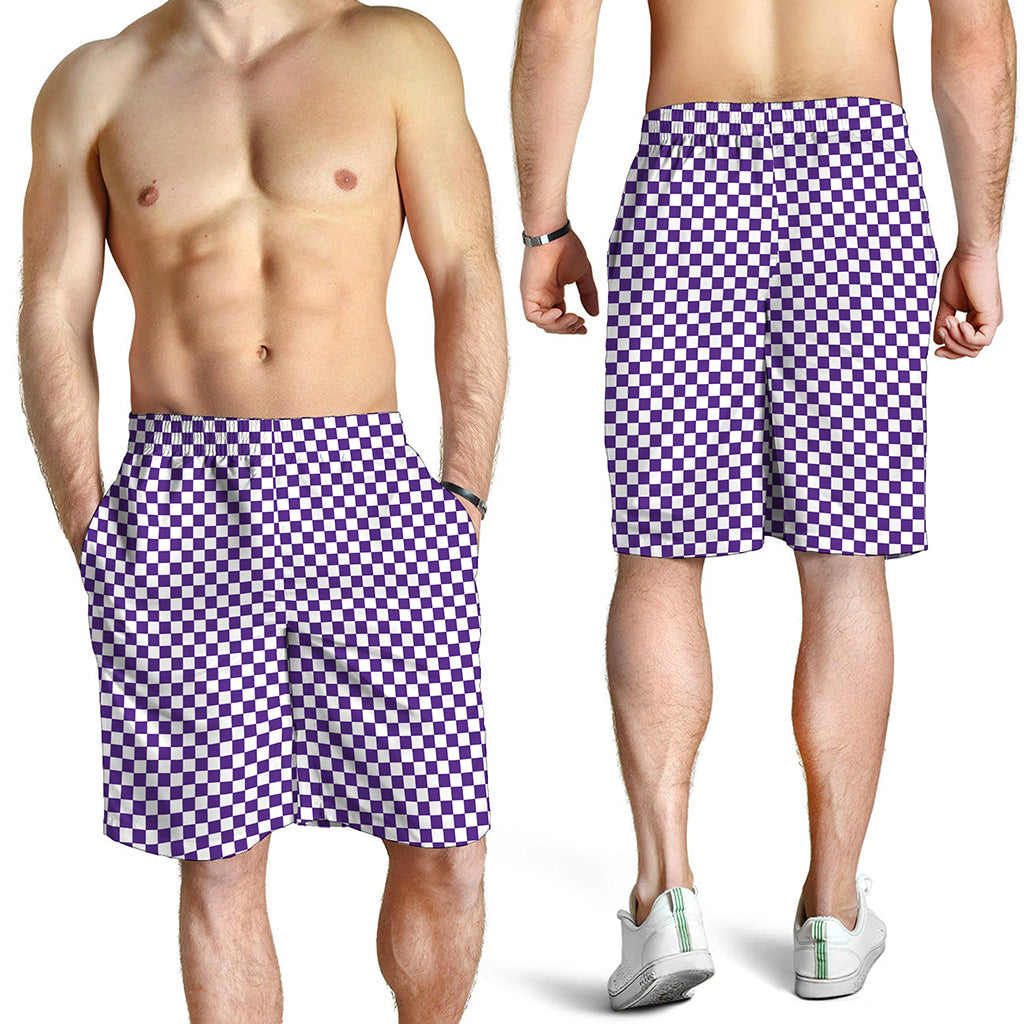 Purple And White Checkered Pattern Print Men's Shorts