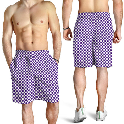 Purple And White Checkered Pattern Print Men's Shorts