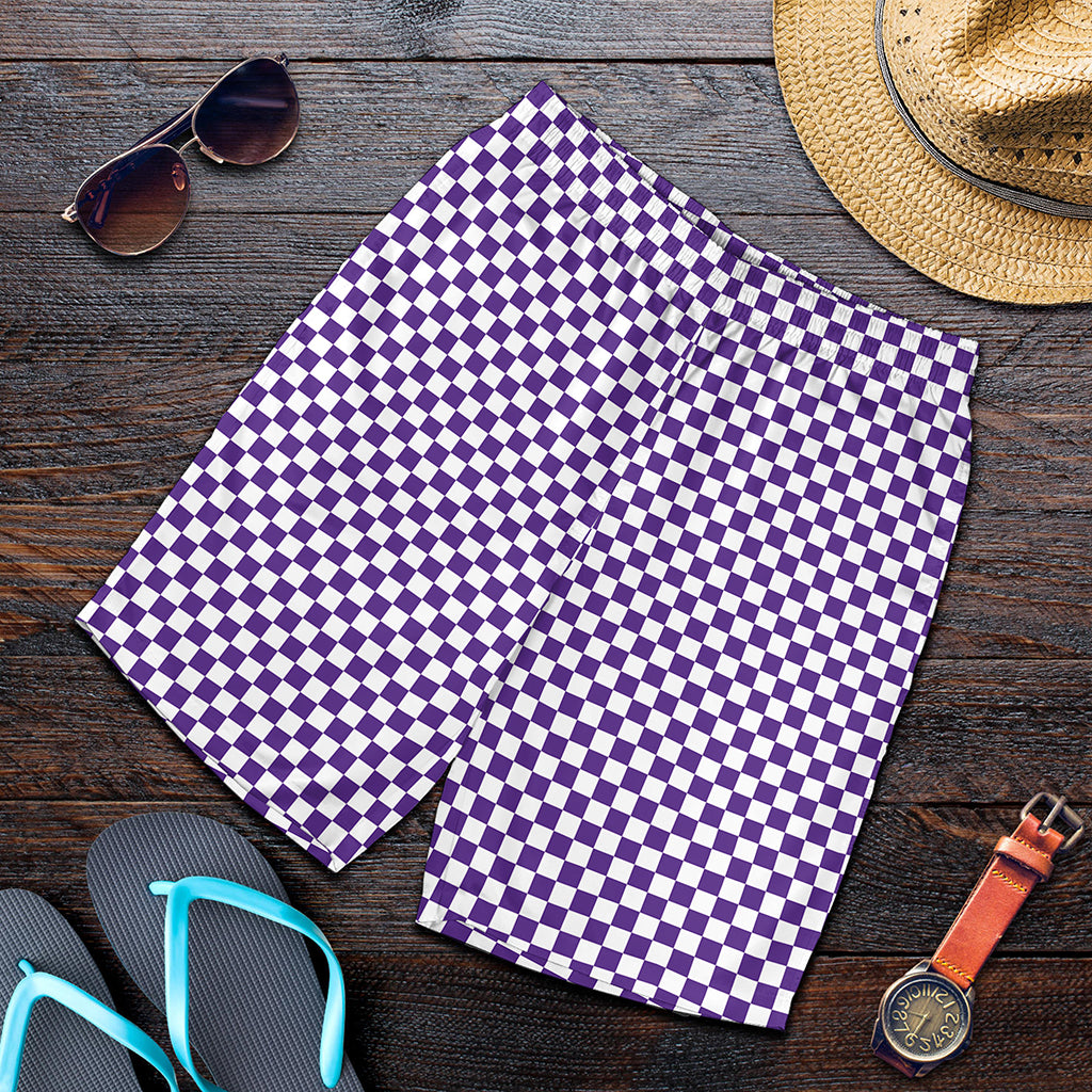 Purple And White Checkered Pattern Print Men's Shorts