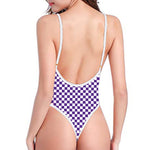 Purple And White Checkered Pattern Print One Piece High Cut Swimsuit