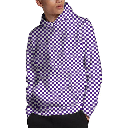 Purple And White Checkered Pattern Print Pullover Hoodie