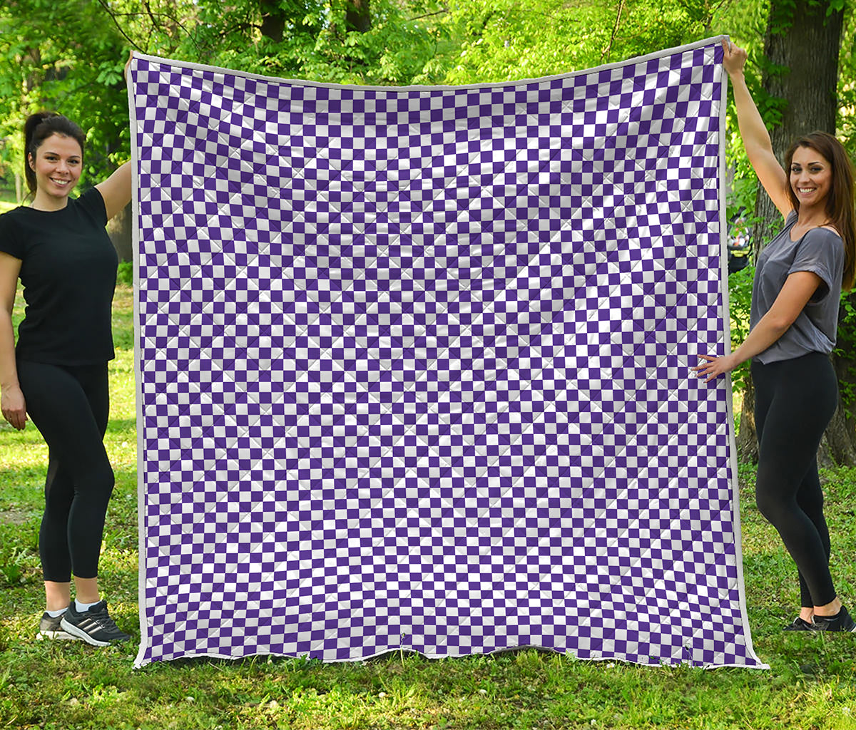 Purple And White Checkered Pattern Print Quilt