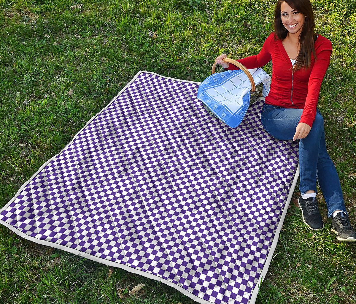 Purple And White Checkered Pattern Print Quilt