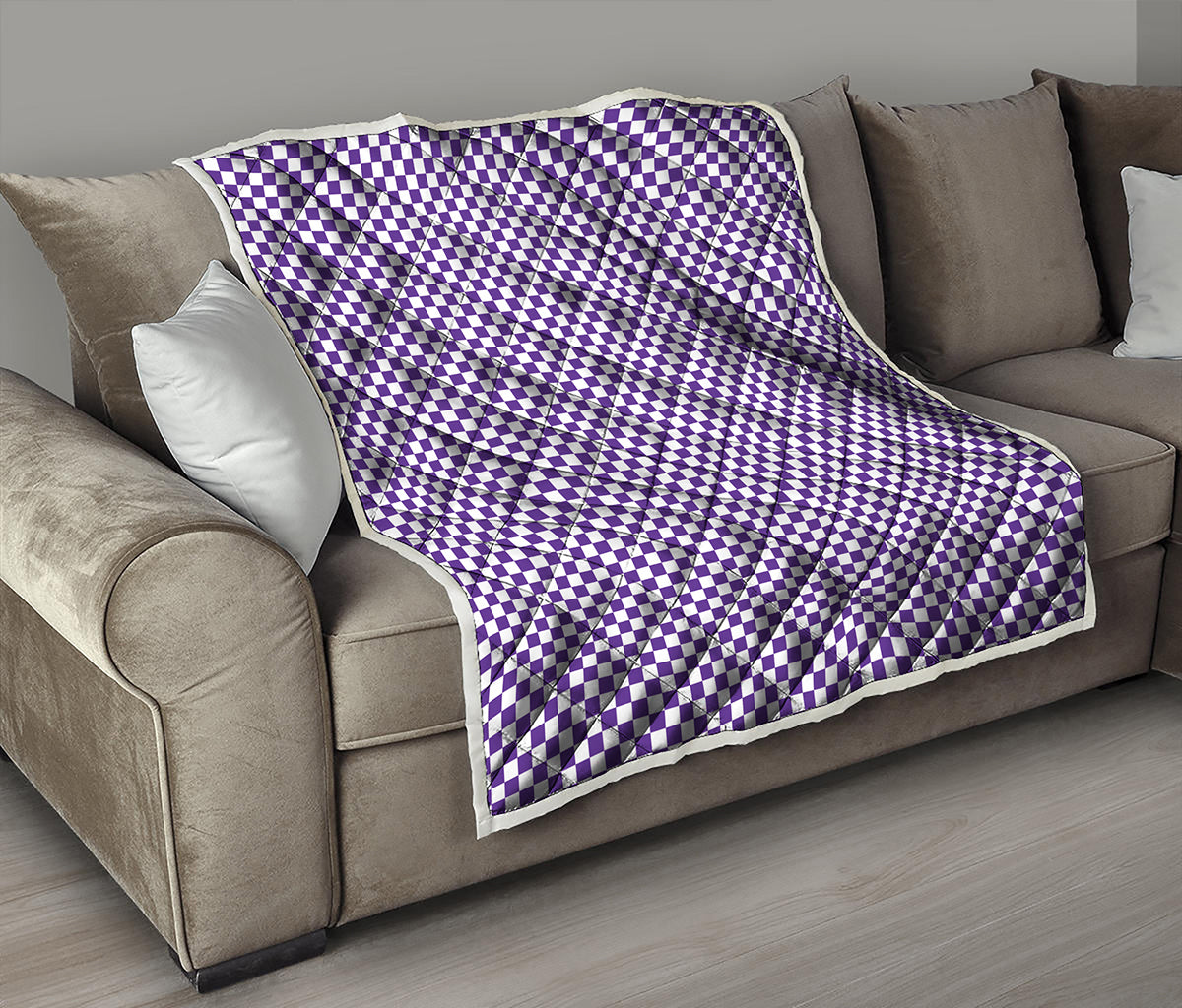 Purple And White Checkered Pattern Print Quilt