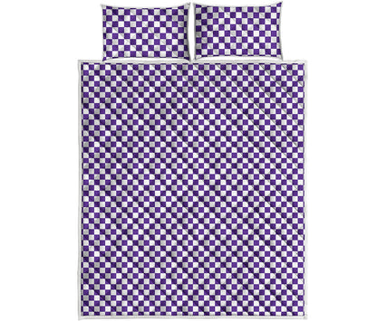 Purple And White Checkered Pattern Print Quilt Bed Set