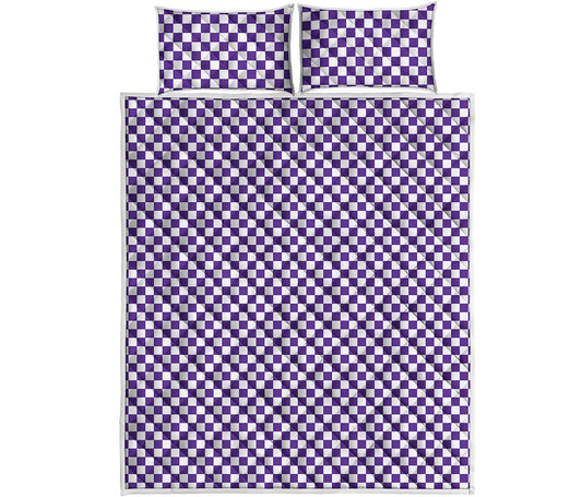 Purple And White Checkered Pattern Print Quilt Bed Set