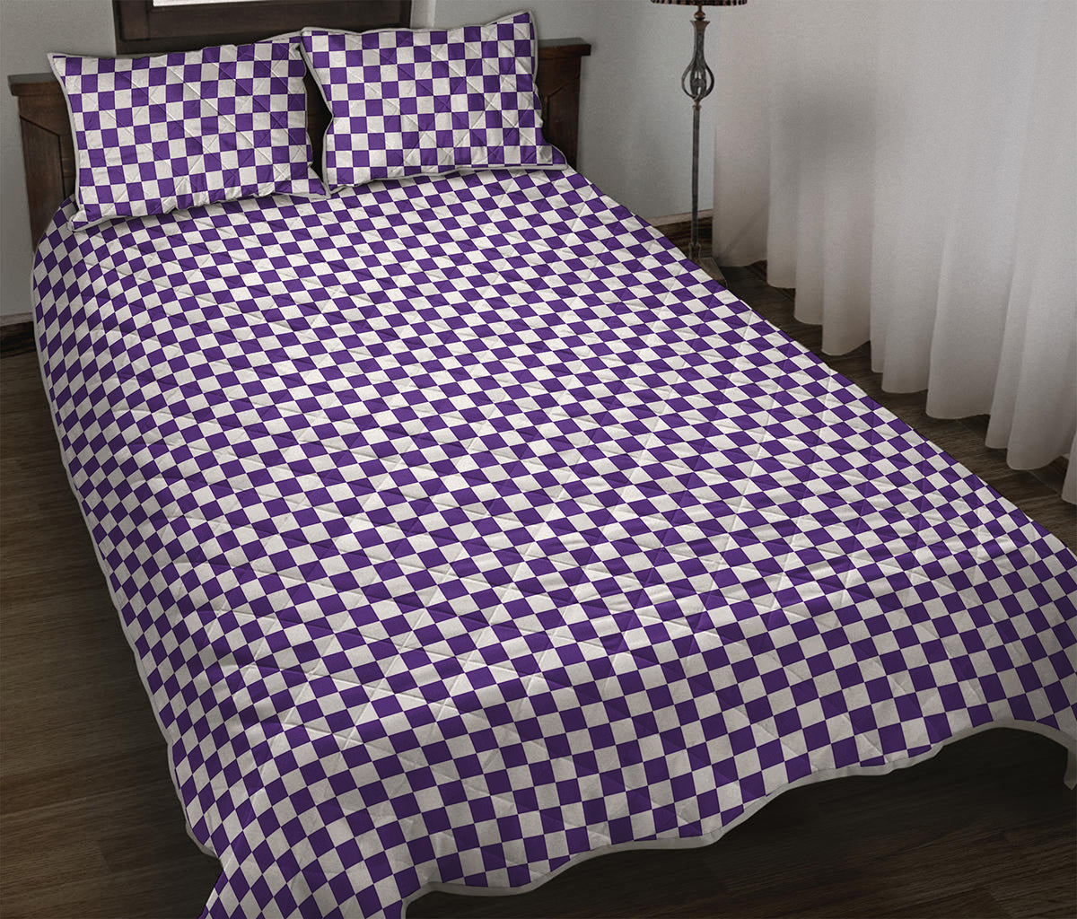 Purple And White Checkered Pattern Print Quilt Bed Set