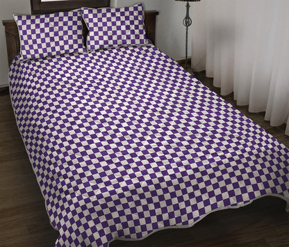 Purple And White Checkered Pattern Print Quilt Bed Set