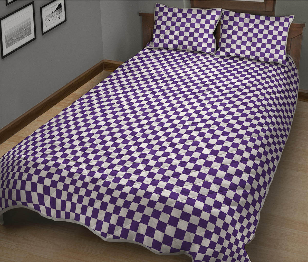 Purple And White Checkered Pattern Print Quilt Bed Set