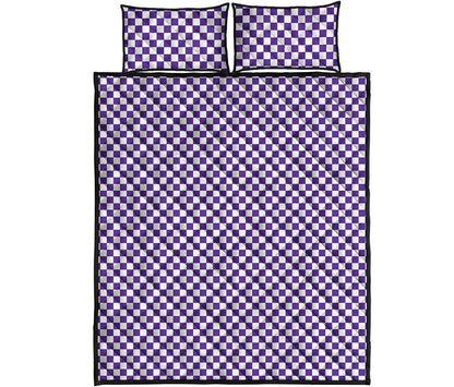 Purple And White Checkered Pattern Print Quilt Bed Set