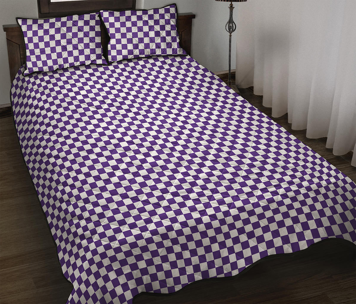 Purple And White Checkered Pattern Print Quilt Bed Set