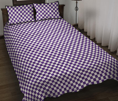 Purple And White Checkered Pattern Print Quilt Bed Set