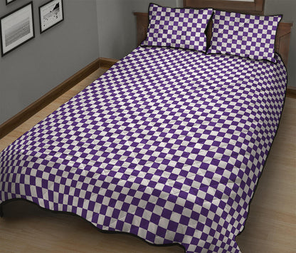 Purple And White Checkered Pattern Print Quilt Bed Set