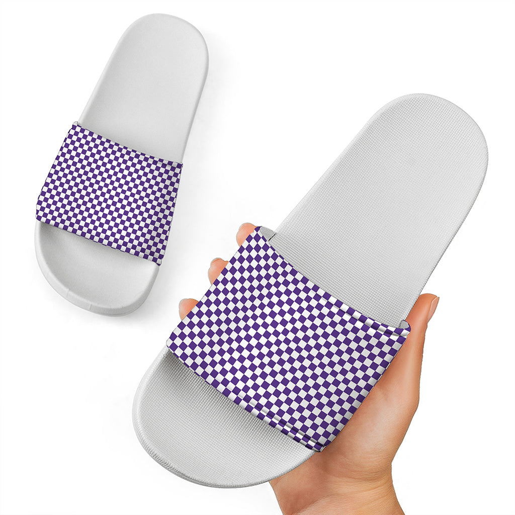 Purple And White Checkered Pattern Print White Slide Sandals