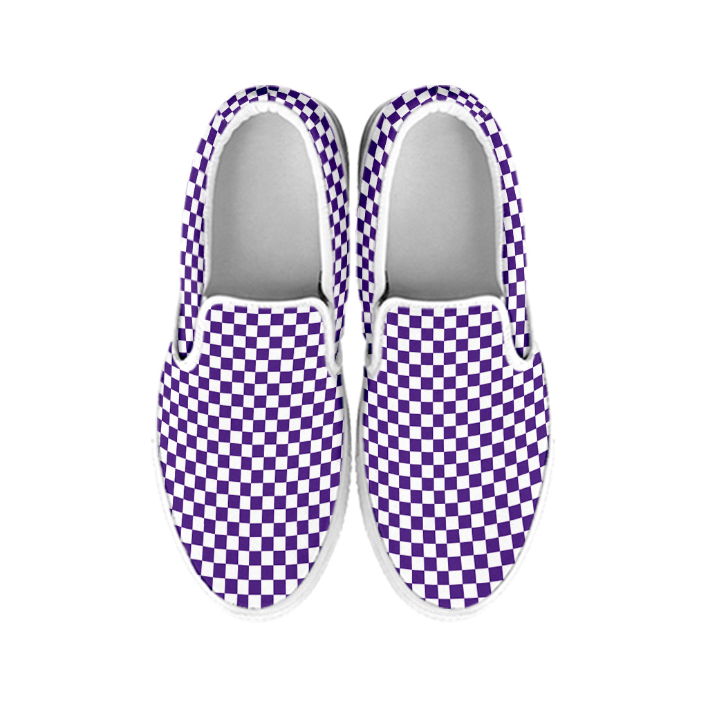 Purple And White Checkered Pattern Print White Slip On Shoes