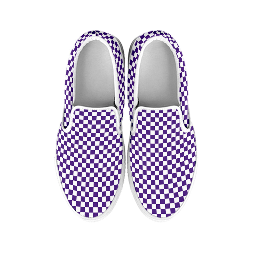 Purple And White Checkered Pattern Print White Slip On Shoes