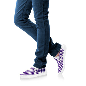 Purple And White Checkered Pattern Print White Slip On Shoes