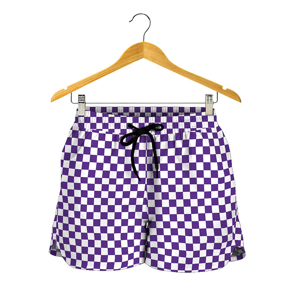Purple And White Checkered Pattern Print Women's Shorts