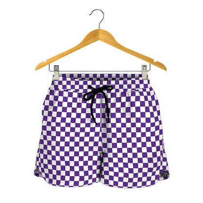 Purple And White Checkered Pattern Print Women's Shorts