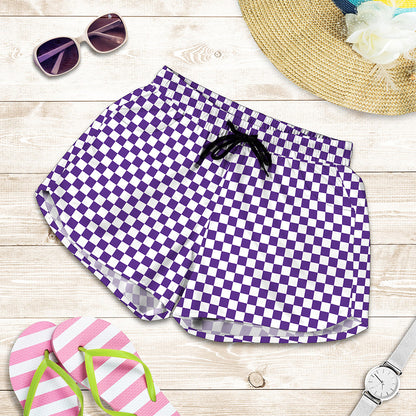 Purple And White Checkered Pattern Print Women's Shorts