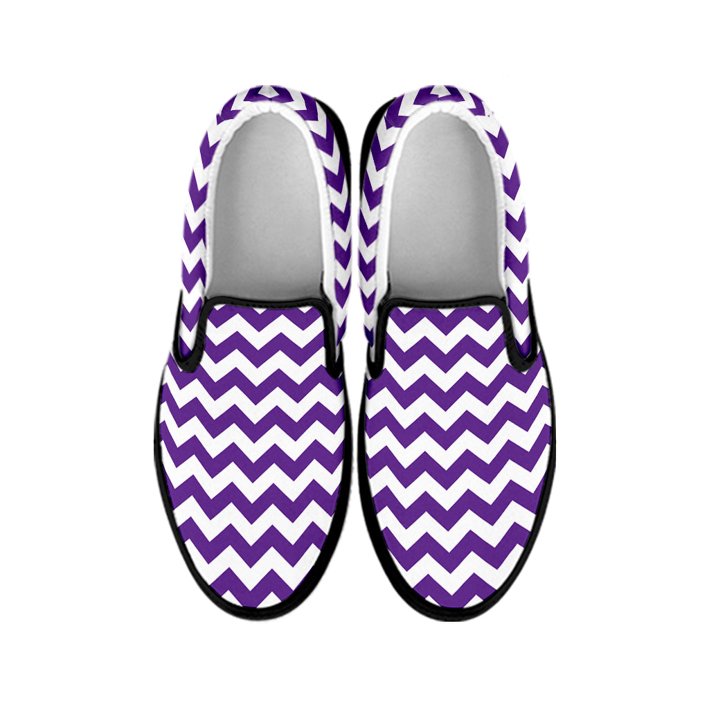 Purple And White Chevron Pattern Print Black Slip On Shoes
