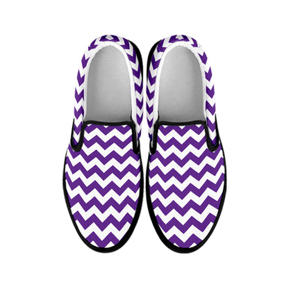 Purple And White Chevron Pattern Print Black Slip On Shoes