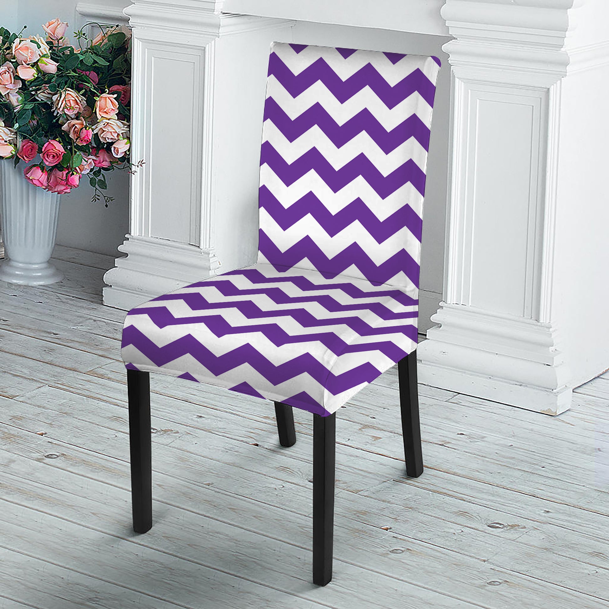 Purple And White Chevron Pattern Print Dining Chair Slipcover