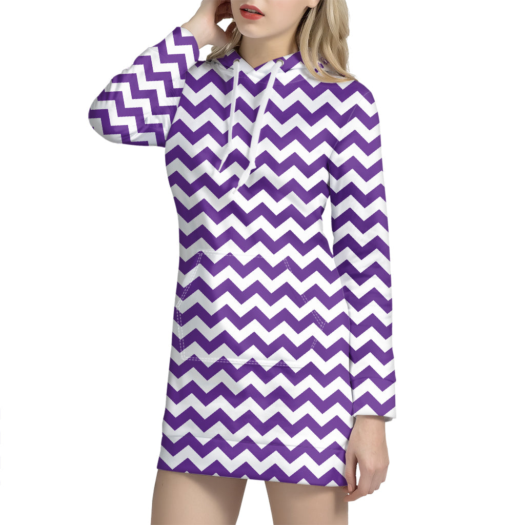 Purple And White Chevron Pattern Print Hoodie Dress