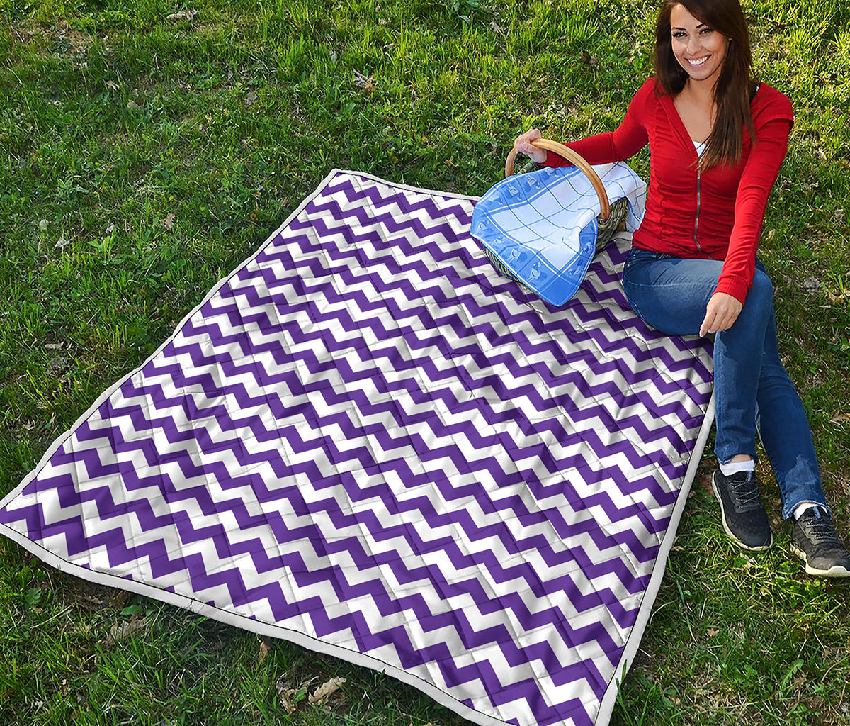 Purple And White Chevron Pattern Print Quilt