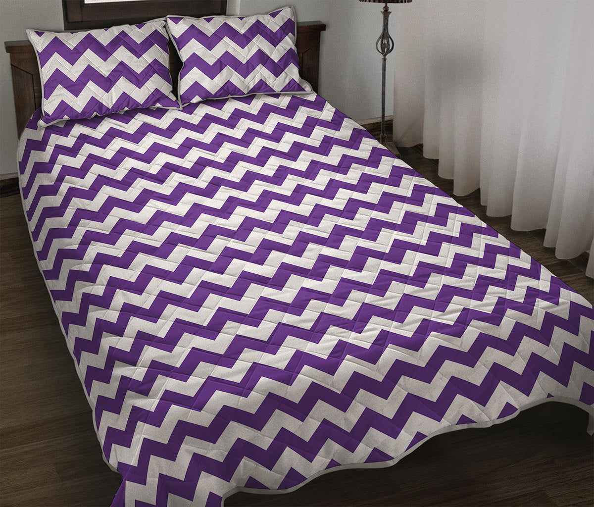 Purple And White Chevron Pattern Print Quilt Bed Set