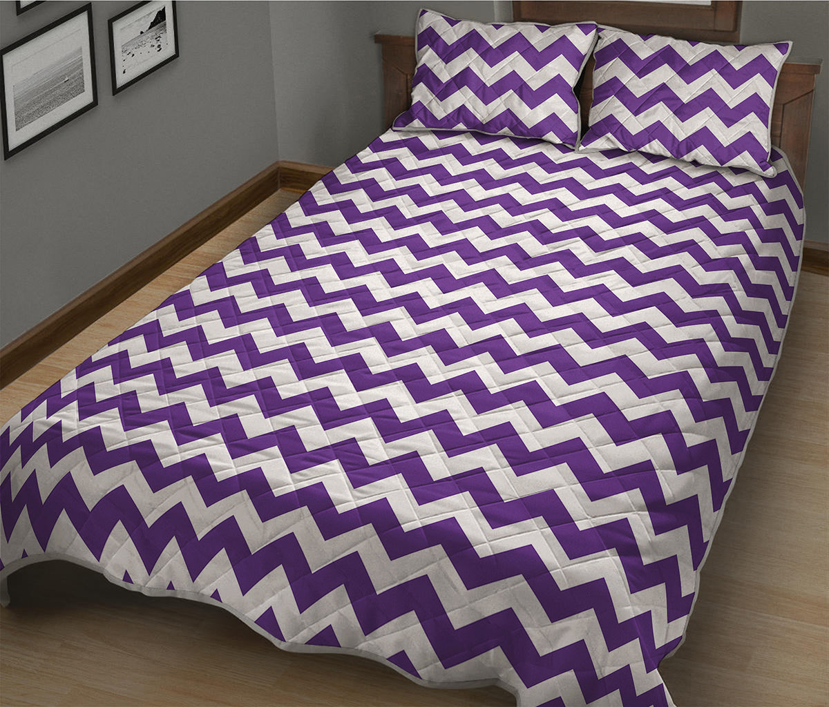 Purple And White Chevron Pattern Print Quilt Bed Set