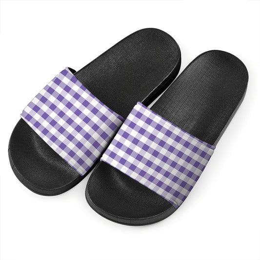 Purple And White Gingham Pattern Print Black Slide Sandals