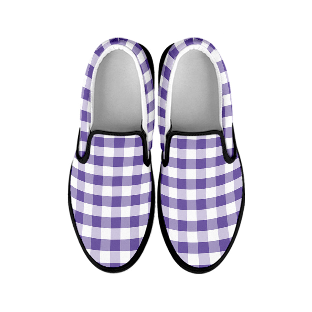 Purple And White Gingham Pattern Print Black Slip On Shoes